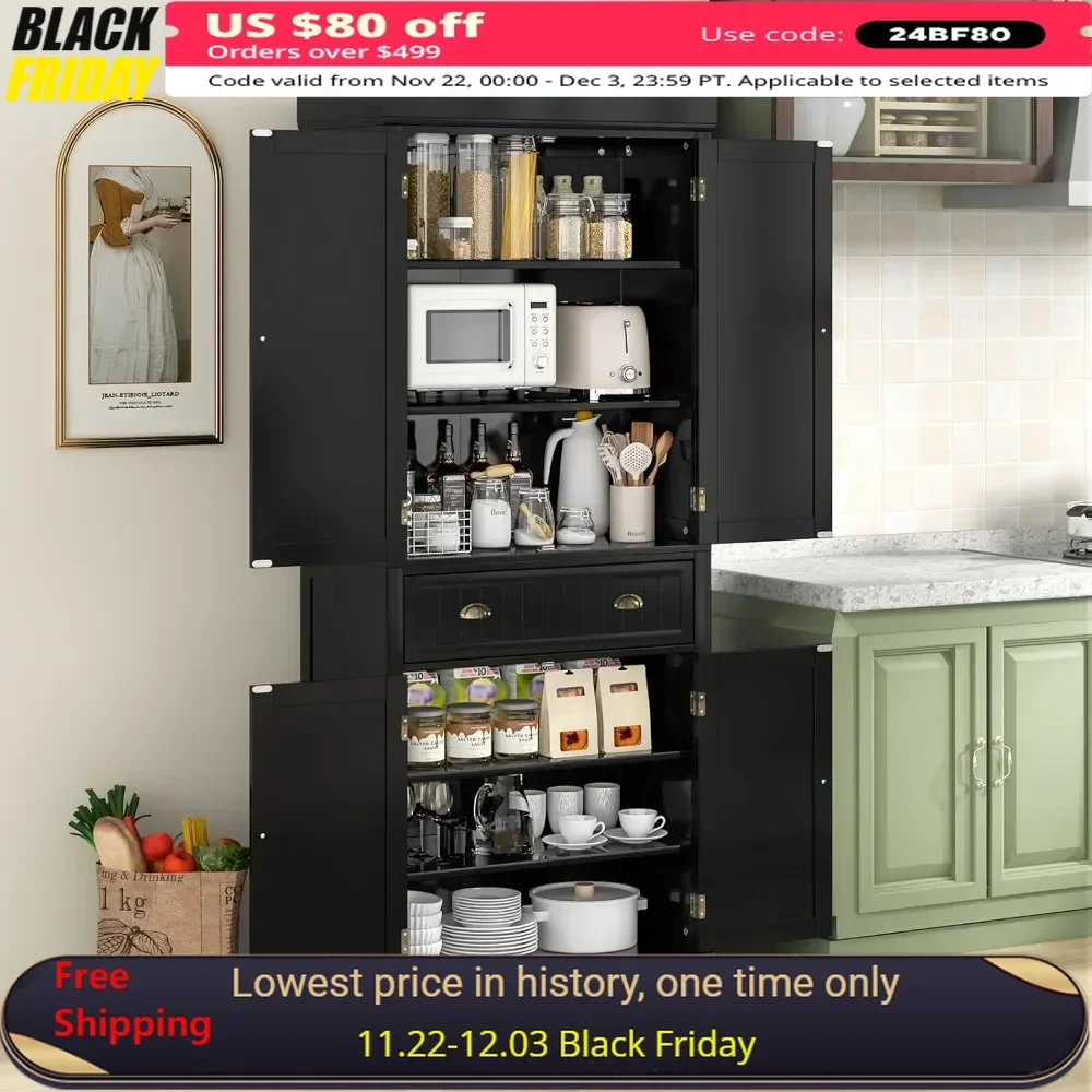 

72" H Living Room Cabinets with 2 Cabinets and Drawer, 30 X 16 X 72 Inch, Adjustable Shelves, Freestanding Storage Cabinet