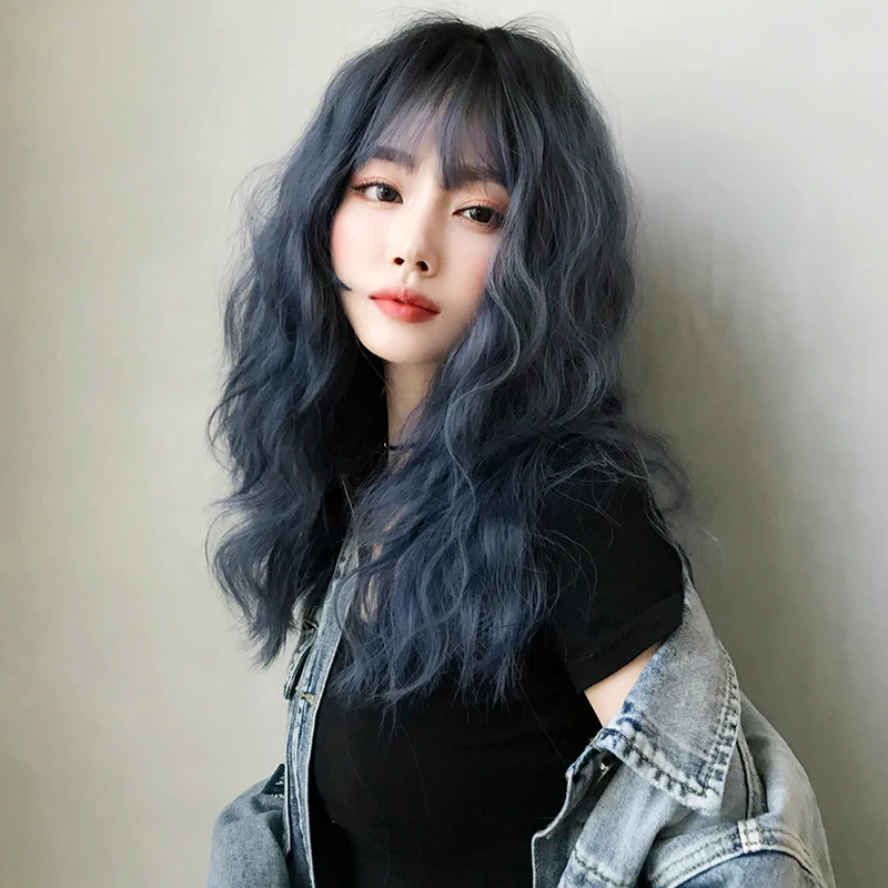 7JHHWIGS Shoulder Length Loose Wave Blue Wigs with Dark Roots High Density Synthetic Layered Curly Wavy Hair Wig for Women Daily