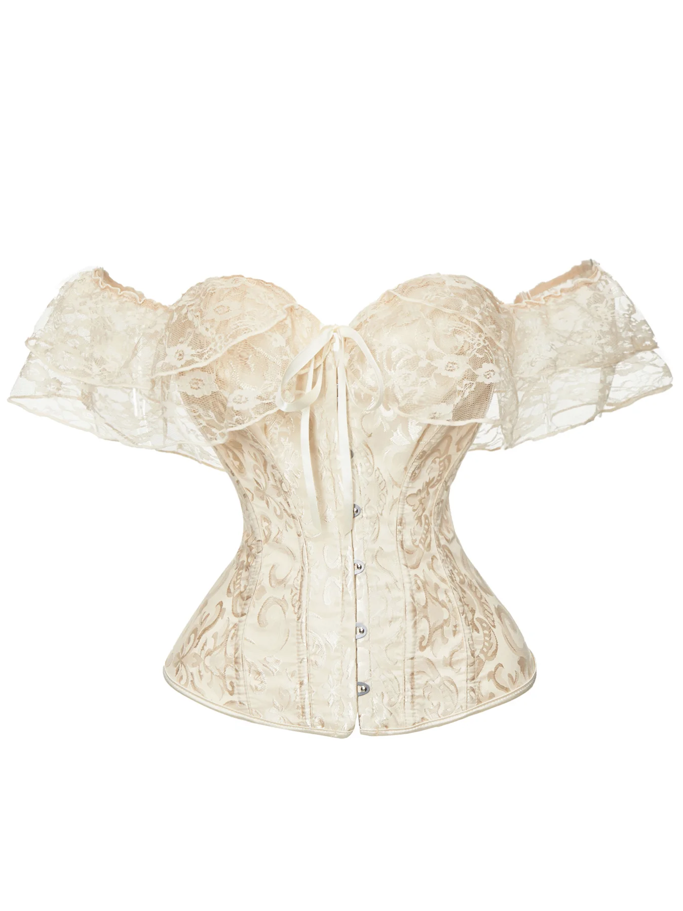 Floral Jacquard Off Shoulder Lace Flutter Sleeve Corset Front Button Back Lace Up Structured Design Bustier for Ladies