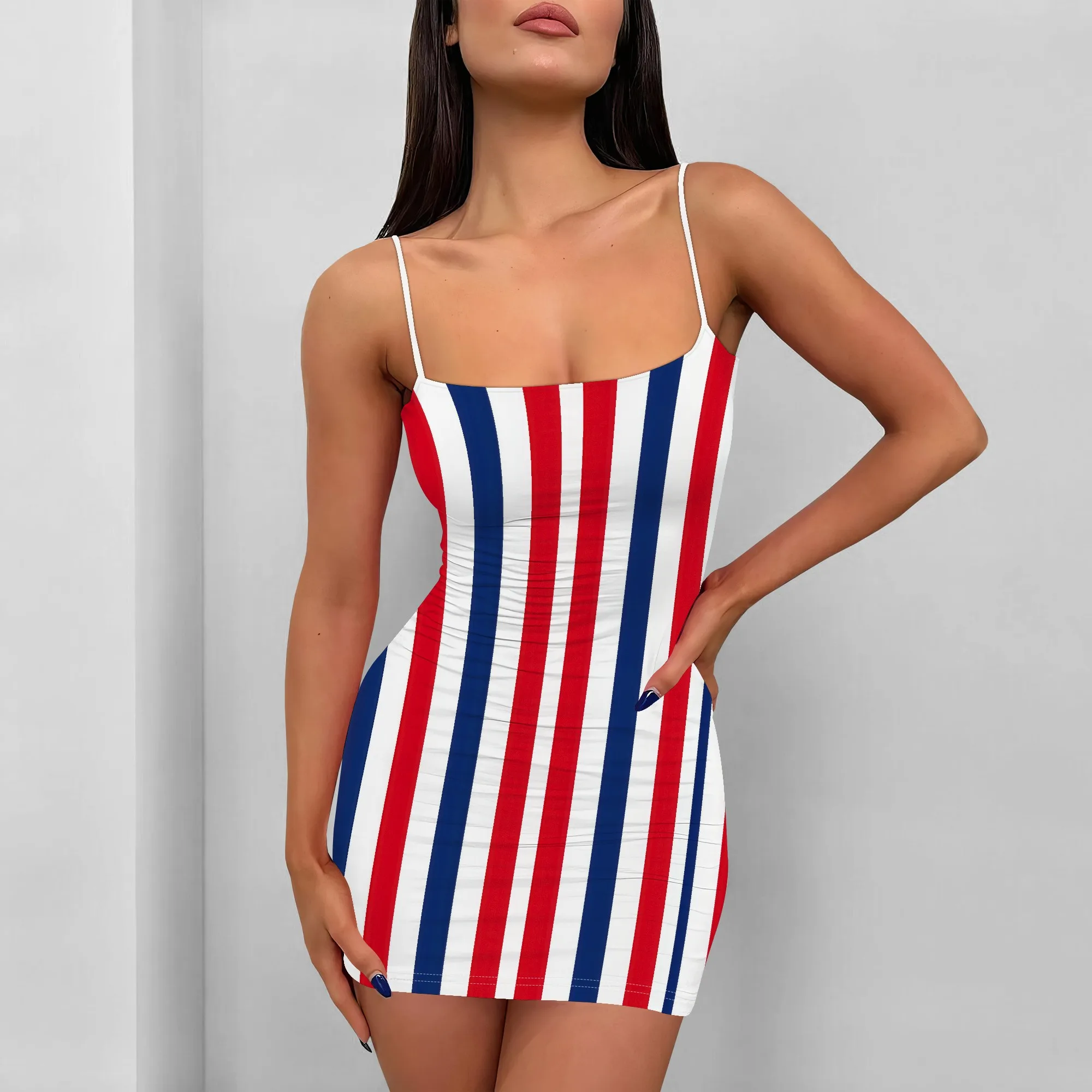 

Women's American Flag Print Mini Dress Sexy Bodycon Spaghetti Strap Dress for 4th of July Party Club Wear S-3XL
