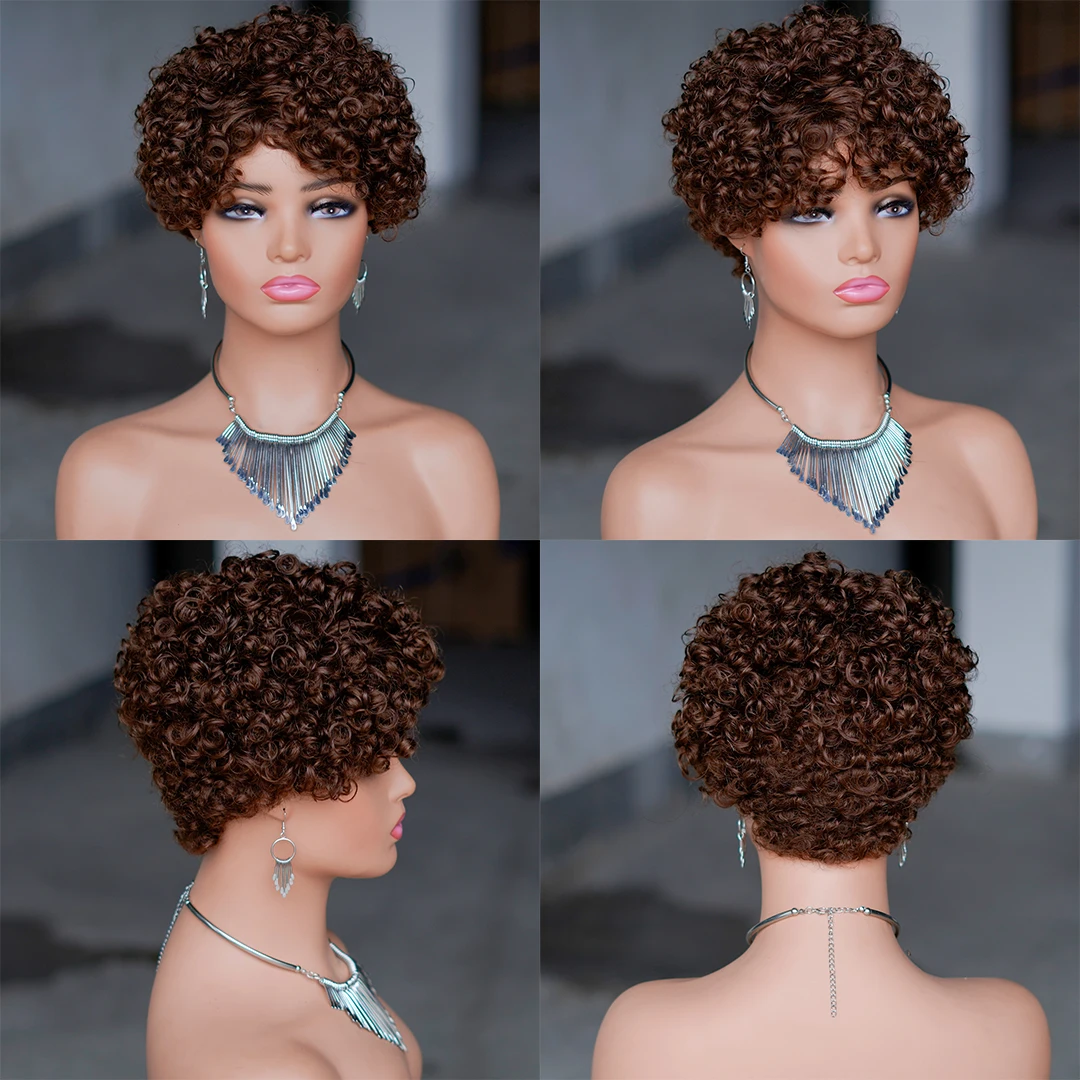 99J Red Rose Curly Short Bob Pixie Cut Human Hair Wig, #27 #4 Ombre Brown