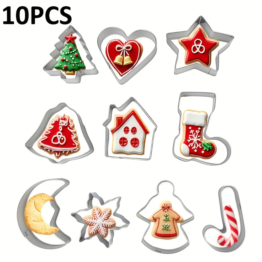 Stainless Steel Christmas Cookie Cutters 10 Shapes Snowflake Tree Angel Biscuit Baking Molds
