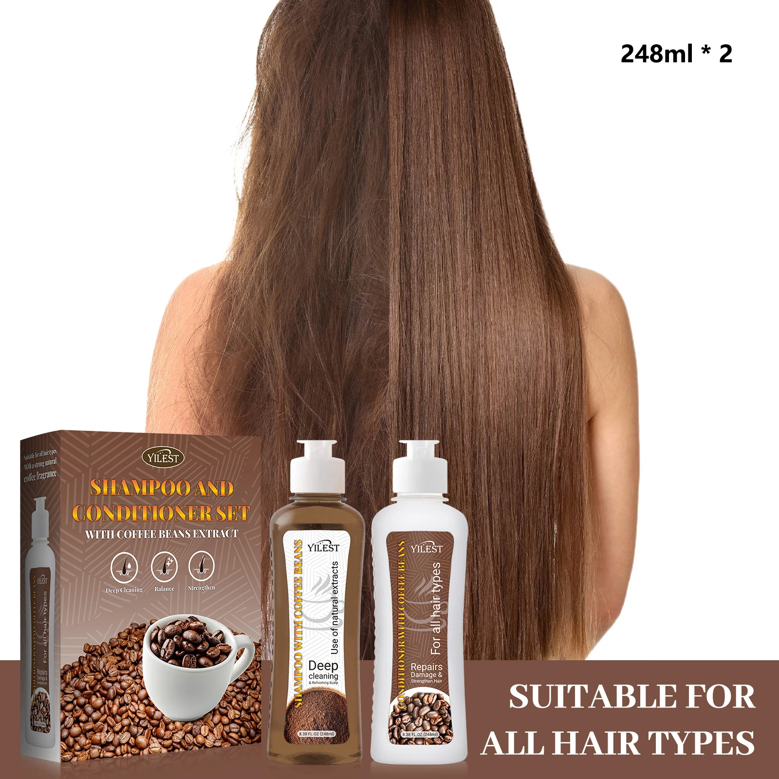 

YILEST Набор шампуня и кондиционера для кофейных зерен, 248 мл * 2, против вьющихся, глубокое очищение, восстановление повреждений, мягкая и гладкая текстура волос