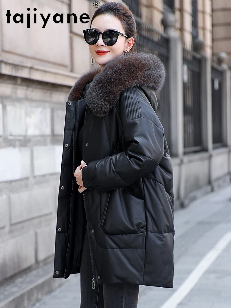 TAJIYANE Płaszcz z owczej skóry z puchem gęsim, damski, z kołnierzem z futra lisa, kurtki ze skóry naturalnej, wysokiej jakości odzież wierzchnia damska, zimowe ubrania damskie 2025