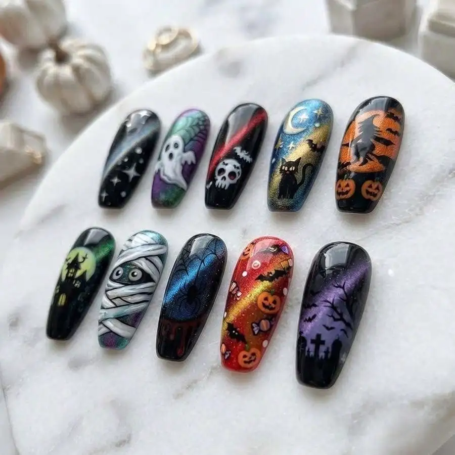 Hard And Durable Nails,Cosmic Cat Eye Halloween Press On Nails, Galaxy Spooky Magic Fake Nails, Witchy Cat And Ghost Nail Art Set, Luxury Alternative False Nails,Halloween Nails, Christmas Nails, Thanksgiving Nails, Fall Nails, Common In 899 Areas
