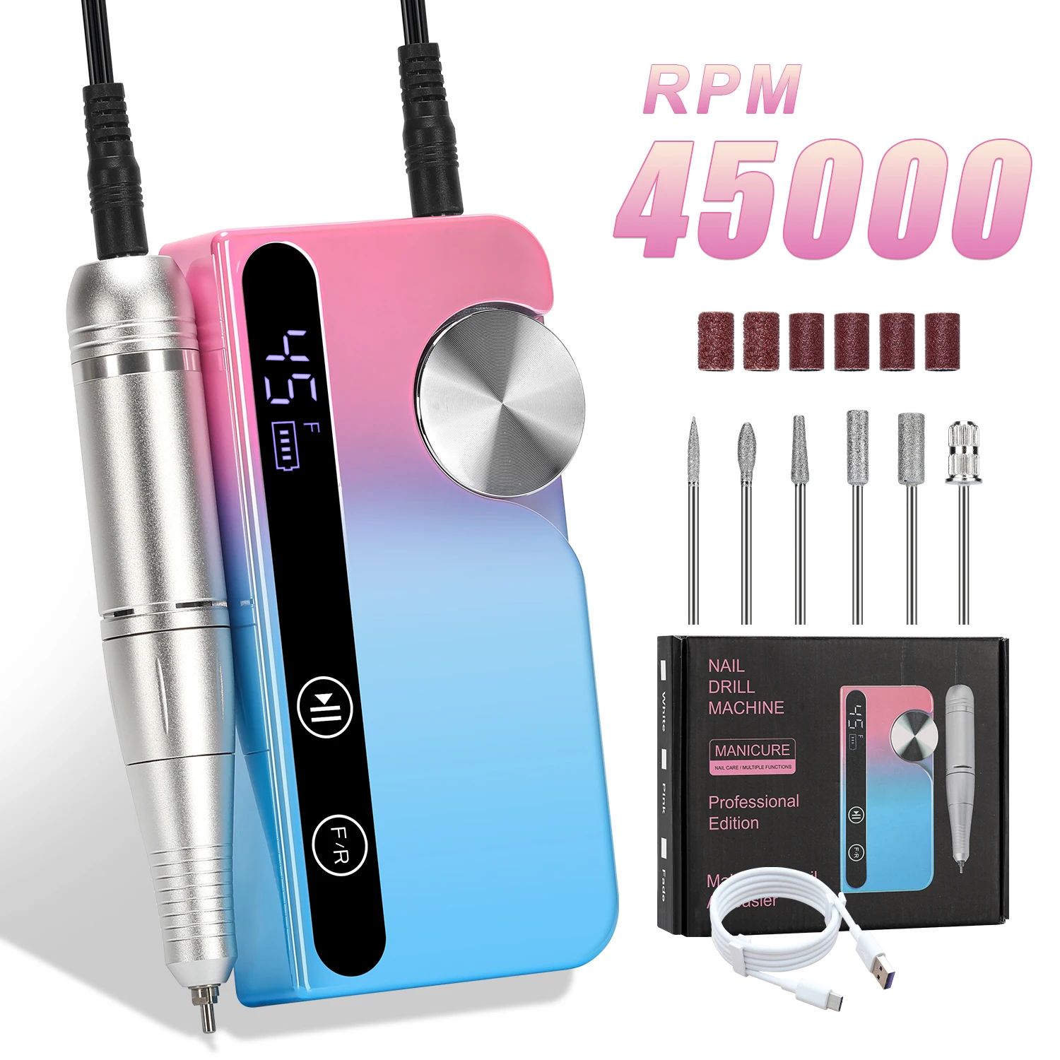 

45000RPM Nail Drill Machine Portable Nail Polisher USB Charging Low Voice Electric Nail Lathe with HD LCD Display