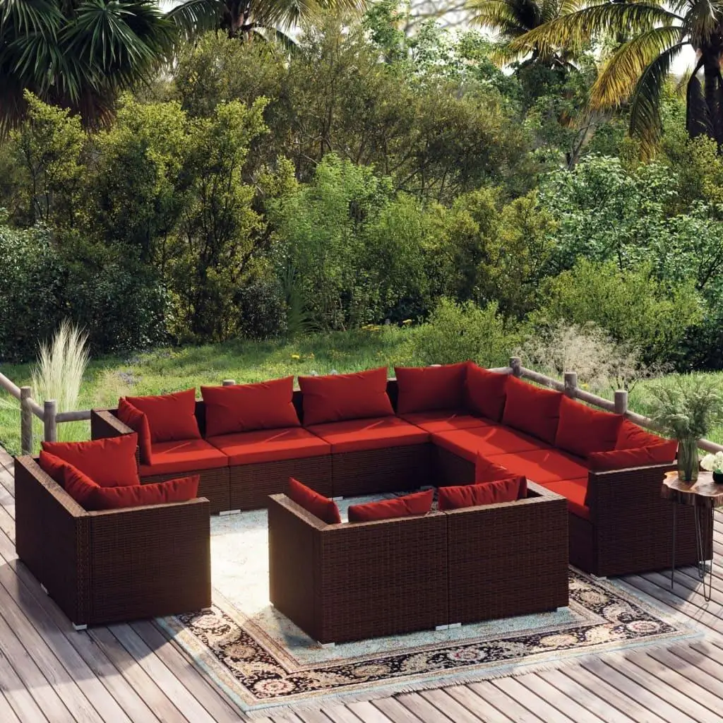 11-Piece Outdoor Patio Lounge Set with Cushions - Brown Poly Rattan Furniture