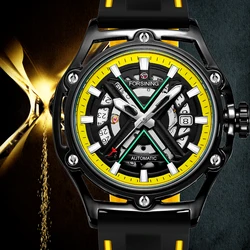 2024 FORSINING Yellow Robot X Design Transparent  Skeleton Rubber Band Men Mechanical Automatic Watch Luxury Montre Homme Clock