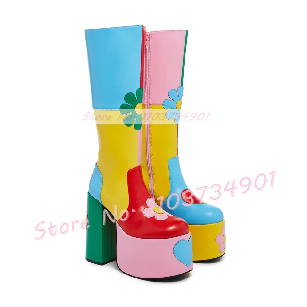 Lovely Multicolor Platform Long Boots Women Flower Heart Appliques Side Zipper Shoes Ladies Summer Punk Nifty Big Size Boots