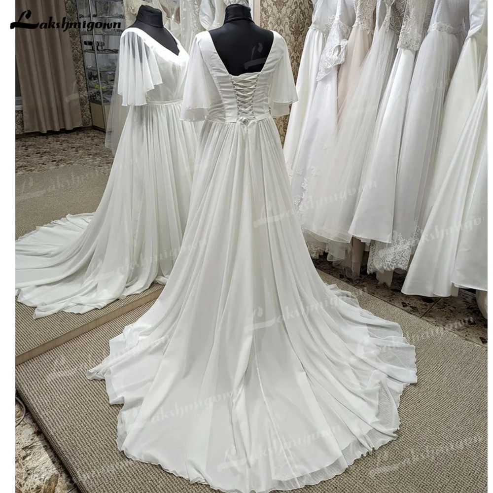 White Chiffon Half Sleeves Wedding Dress Lace Up Floor-Length V-Neck A-Line Wedding Gowns Custom Made Court Train Bridal Dresses