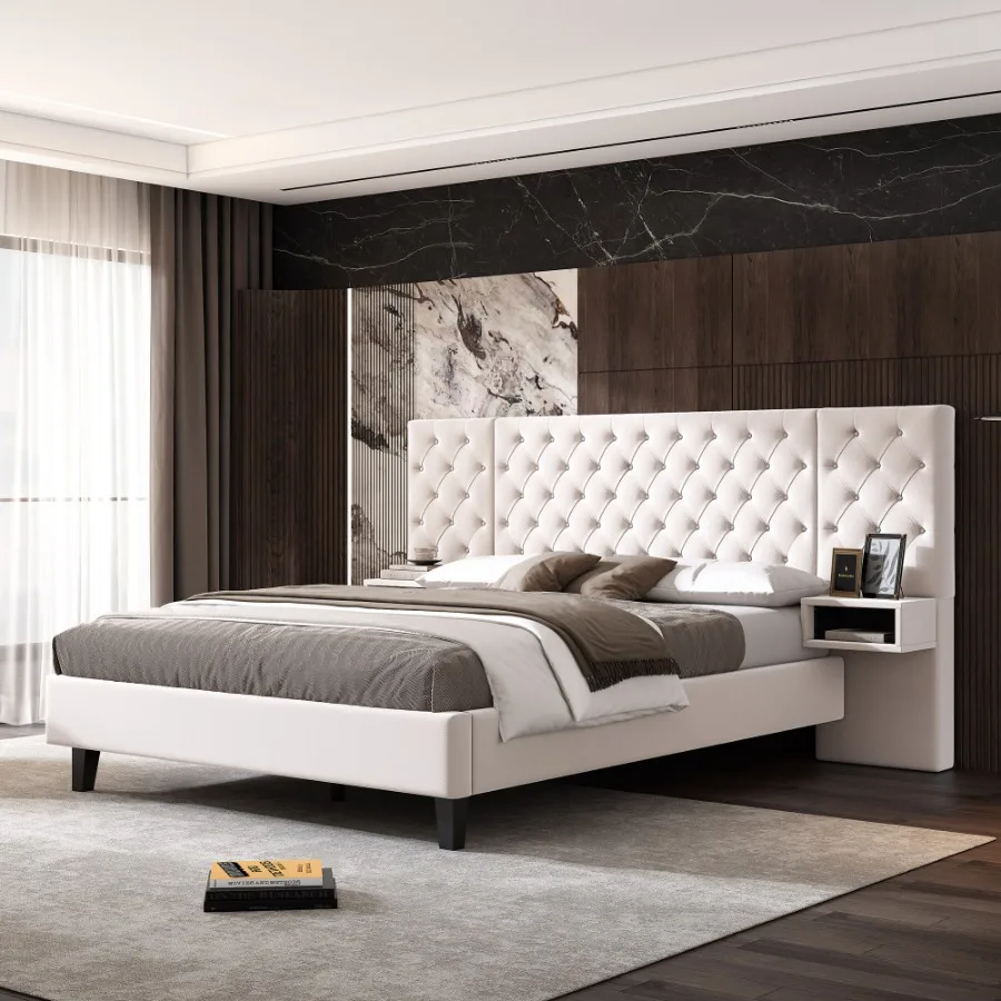 Queen Size Platform Bed with Headboard, Modern Velvet Upholstered Platform Bed with 2 Nightstands, with diamond tufted,