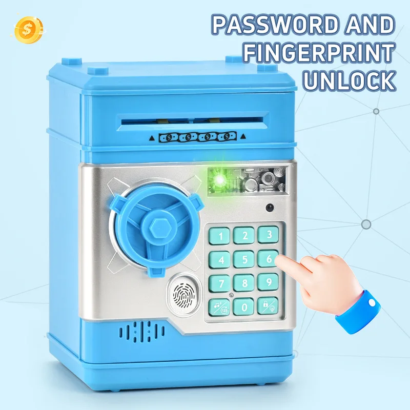 어린이 전기 저장 상자 안전 장난감 지문 암호 듀얼 잠금 해제 ATM 보라색 빛 지폐 감지기 돼지 저금통 아이 선물