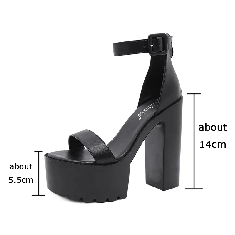 Chunky Heeled Open Toe Sandales Ankle Buckle Platform Block 14cm High Heels Summer Black White Punk Shoes Woman Sandalias Mujer