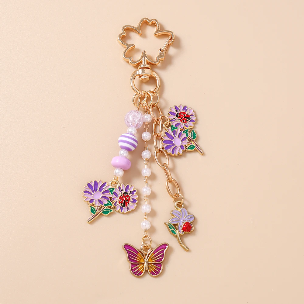 Aihua Niedlicher Y2K Blumen-Marienkäfer Schlüsselanhänger, Vergoldeter Blumen-Schlüsselring, Taschenanhänger für Damen, Handtaschen-Accessoire, Schmuckgeschenk – Detail 7