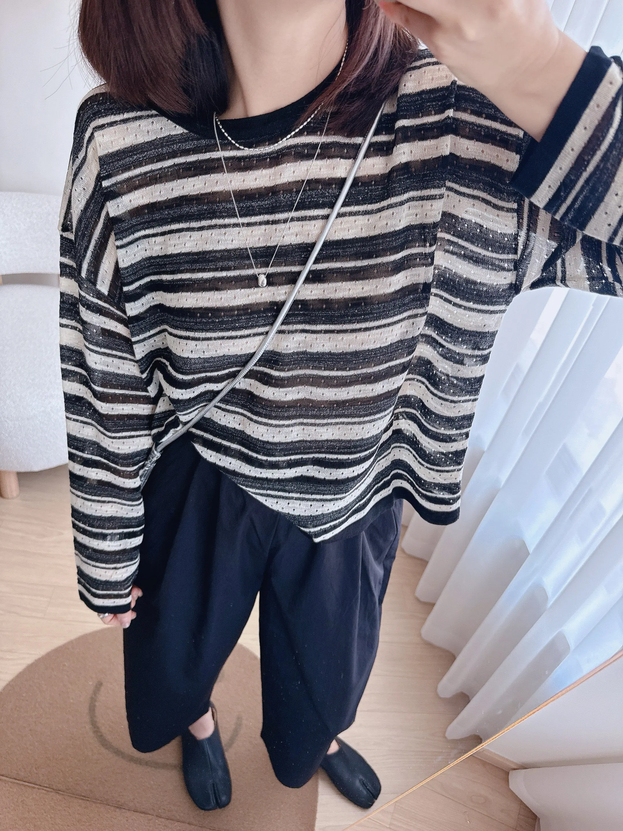 

Women's Long Sleeve Knitted Top Ice Silk Hollow out round Neck Stripe Pattern Spring Early Casual Versatile Commute Simple Co...