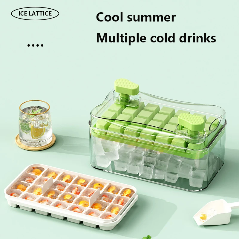Eiswürfelform, Eiswürfelform, Presstyp, Eisaufbewahrung und Eisaufbewahrungsbox, Aufbewahrungsbox mit großem Fassungsvermögen, für den Haushalt mit Deckel, Ein-Bottion