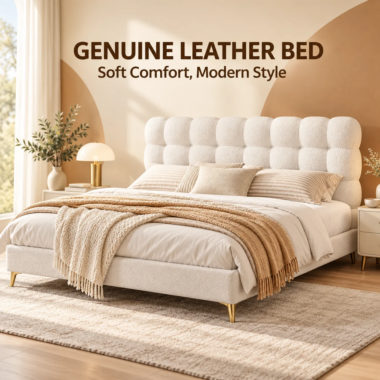 Cream Fabric Cloud Bed Modern Minimalist Designer Upholstered Double Bed Storage Bedroom Furniture Set for Master Bedroom
