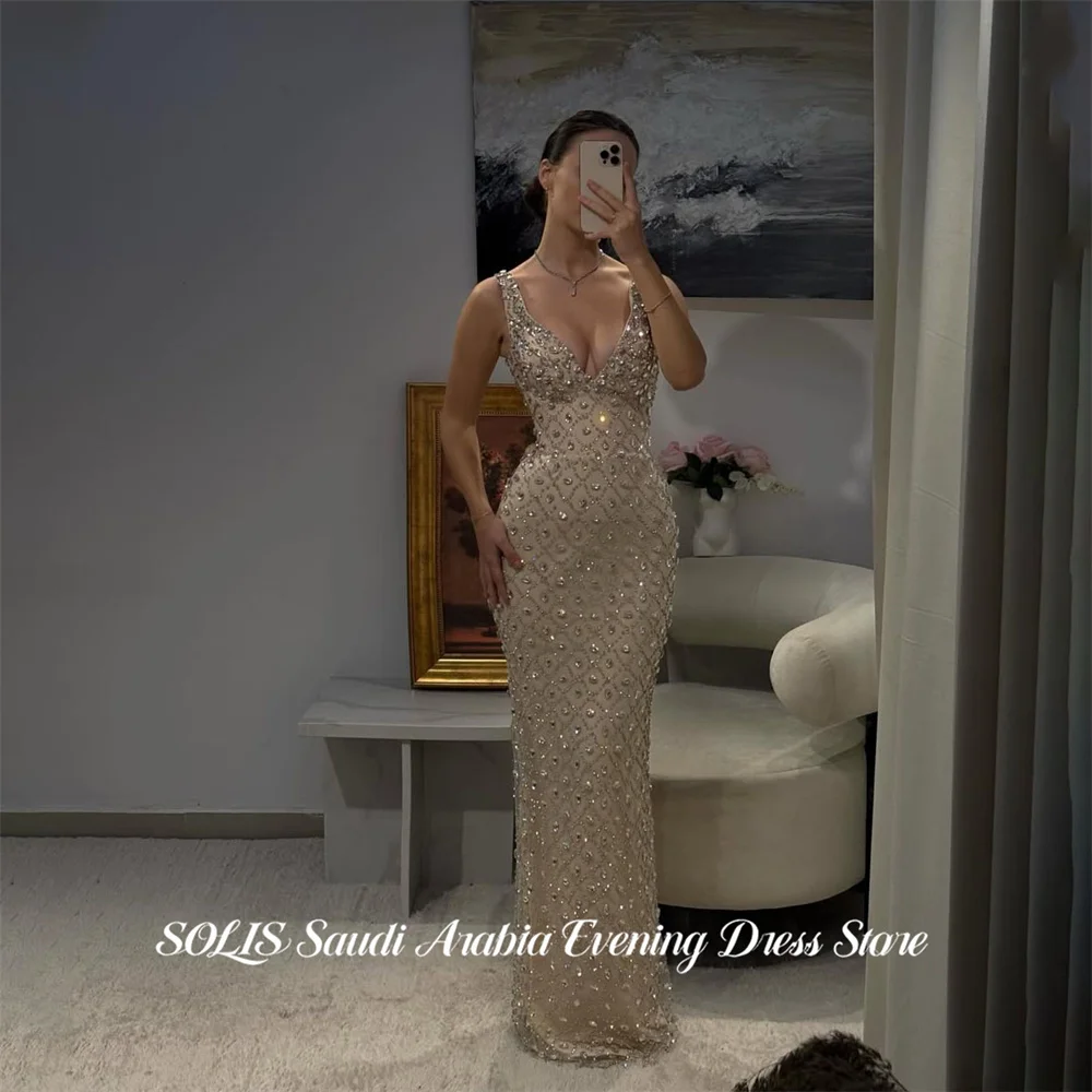 

SOLIS Champagne Luxury Prom Dress V Neck Celebrity Dresses Tank Women's Evening Dresses Glitter Sequin Formal Gown Customized