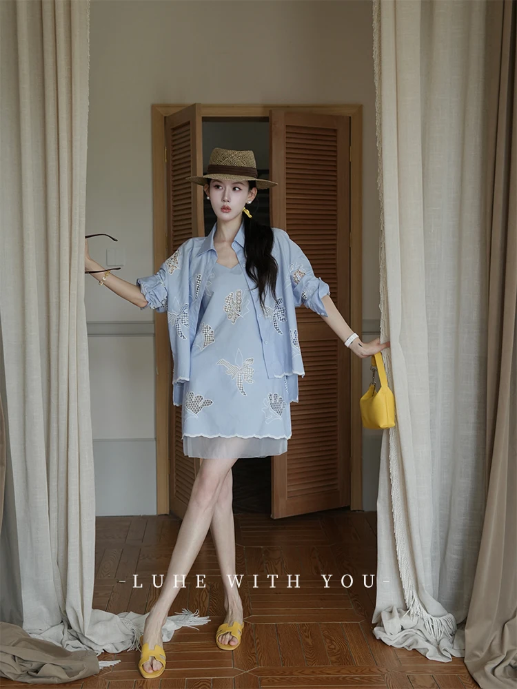 

Синий Danube Luhe, хлопковый комплект с вышивкой и ремешком Dr, роскошный женский комплект Quiet Faion, длинный воротник све на пуговицах