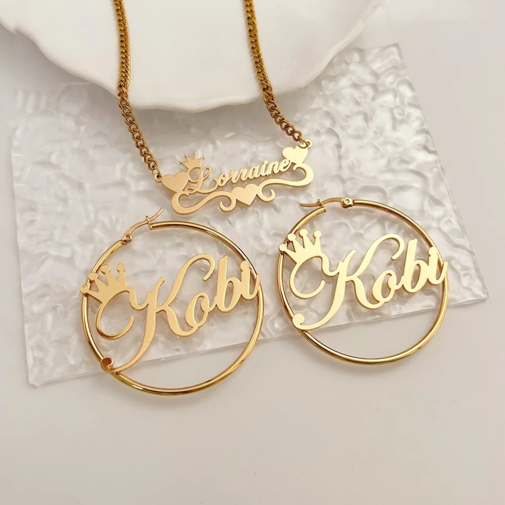 Atoztide Custom Name Necklace Bamboo Earring Jewelry Set For Women Men Personalized Stainless Steel Cuban Chain Birthday Gift