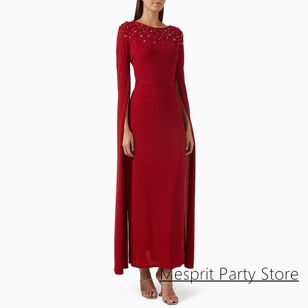 

Red Prom Dress Arabian Party Gown Customized Round Neck Long Sleeves Beading Sequined Cocktail Party Gown Evening Dresses