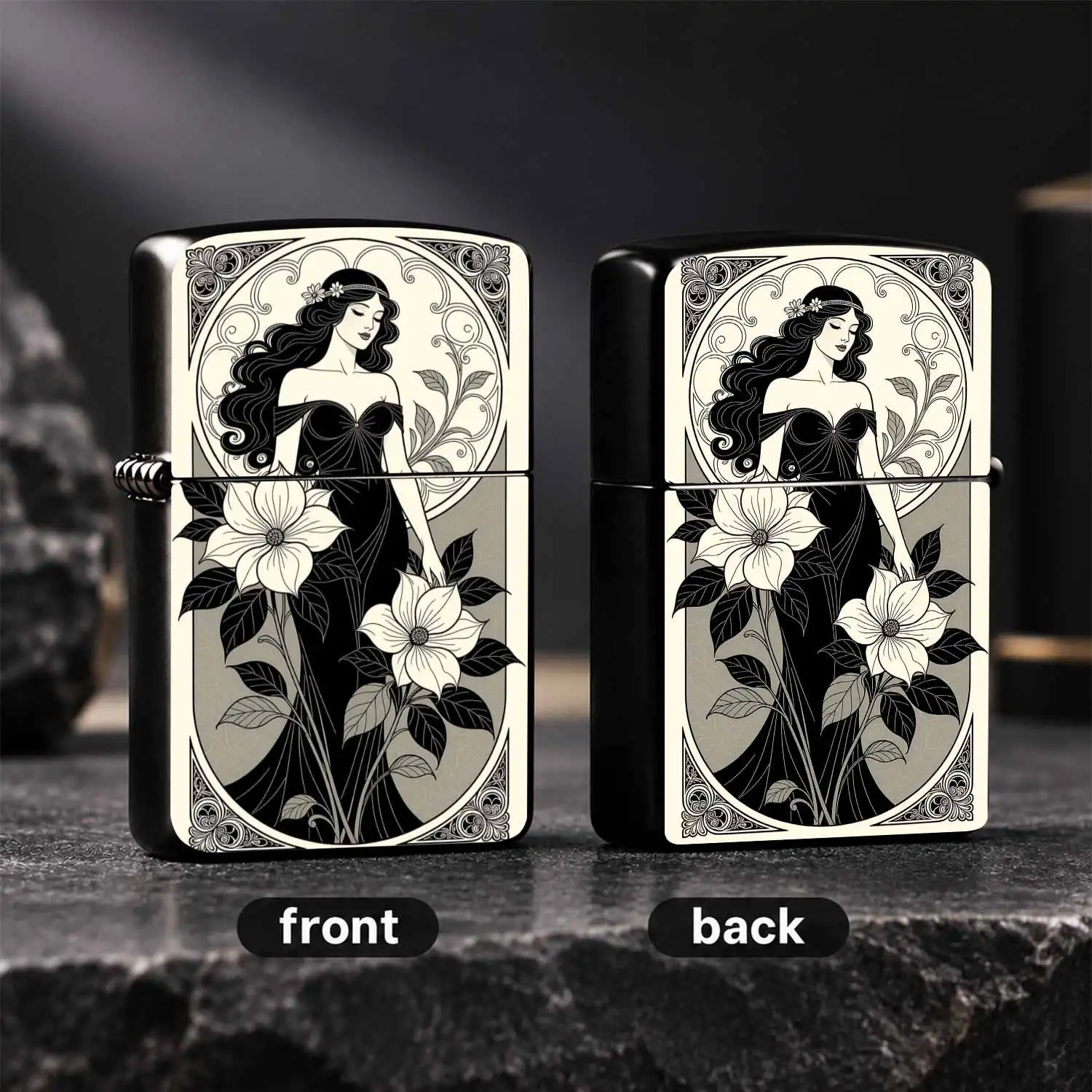 Vintage Art Nouveau Elegant Goddess Floral, Exquisite Line Art Decor Body, Durable Portable Daily Use Ignition Tool, Unique Artistic Collectible Gift For Men, Art Lovers, Fits Normal Fuel Insert, Chic Practical Accessory For Daily Carrying