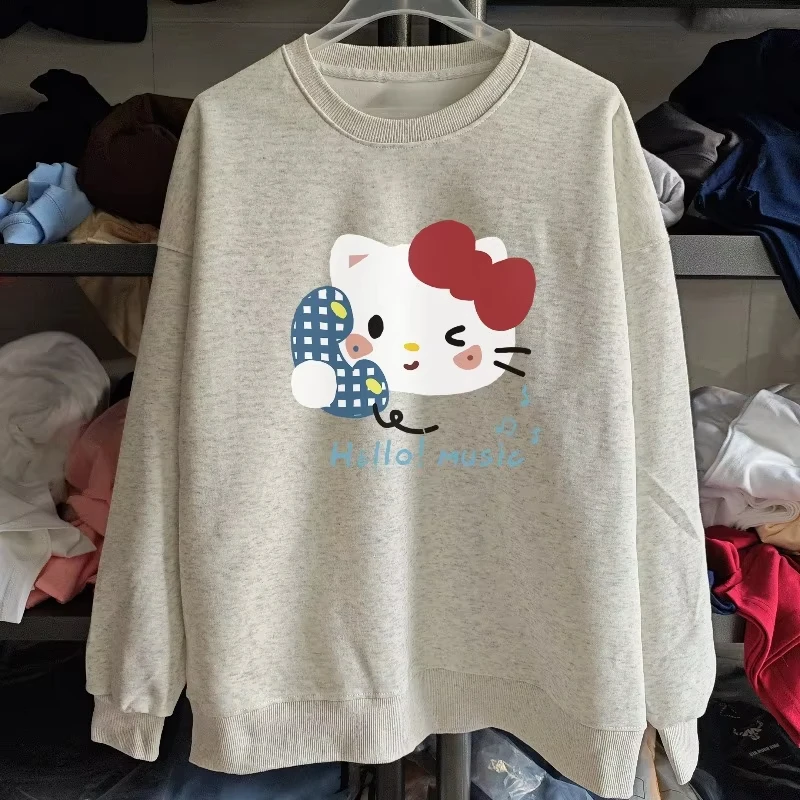 

Американский мультяшный принт Hello Kitty для мужчин и женщин, повседневная уличная универсальная толстовка для пар, теплая толстовка с круглым вырезом и добавлением флиса