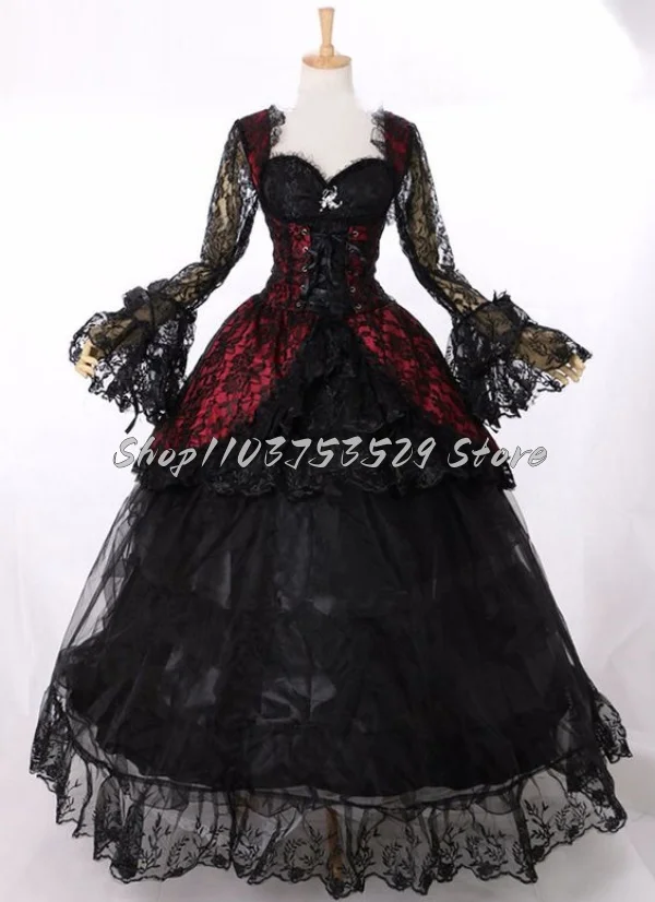 Medieval Black Red Victorian Prom Dresses Vintage Square Neck Lace Long Sleeve Gothic Puffy Bloodsucking Masquerade Gowns