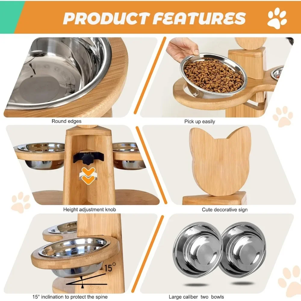 Elevated Dog Bowls for Small Dogs, Adjustable Bamboo Pet Feeding Station with 2 Stainless Steel Bowls for Cats and Puppy