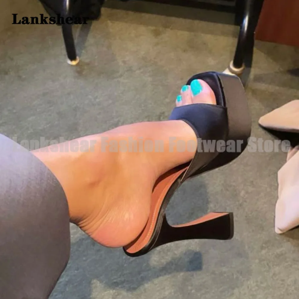

Women's Hot Pink Satin Platform Chunky Heel Mules Open Toe Slip On High Heels Sandals Women Shoes Sandalias De Mujer Verano