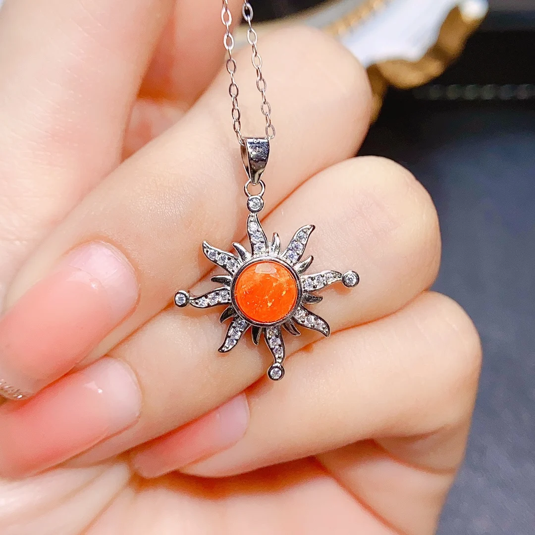 

Natural Orange Opal AAA VVS Red Orange Fire Opal Sun Pendant Neckalce 925 Sterling Silver Jewelry For Women Man Gift