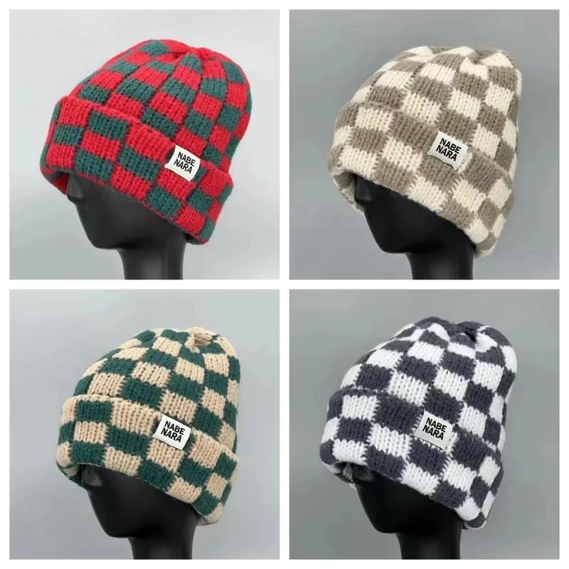 Chessboard Plaid Knit Beanies for Women Winter Korean Ins Niche Big Head Circumference Pullover Hat Japanese Retro Men's Caps