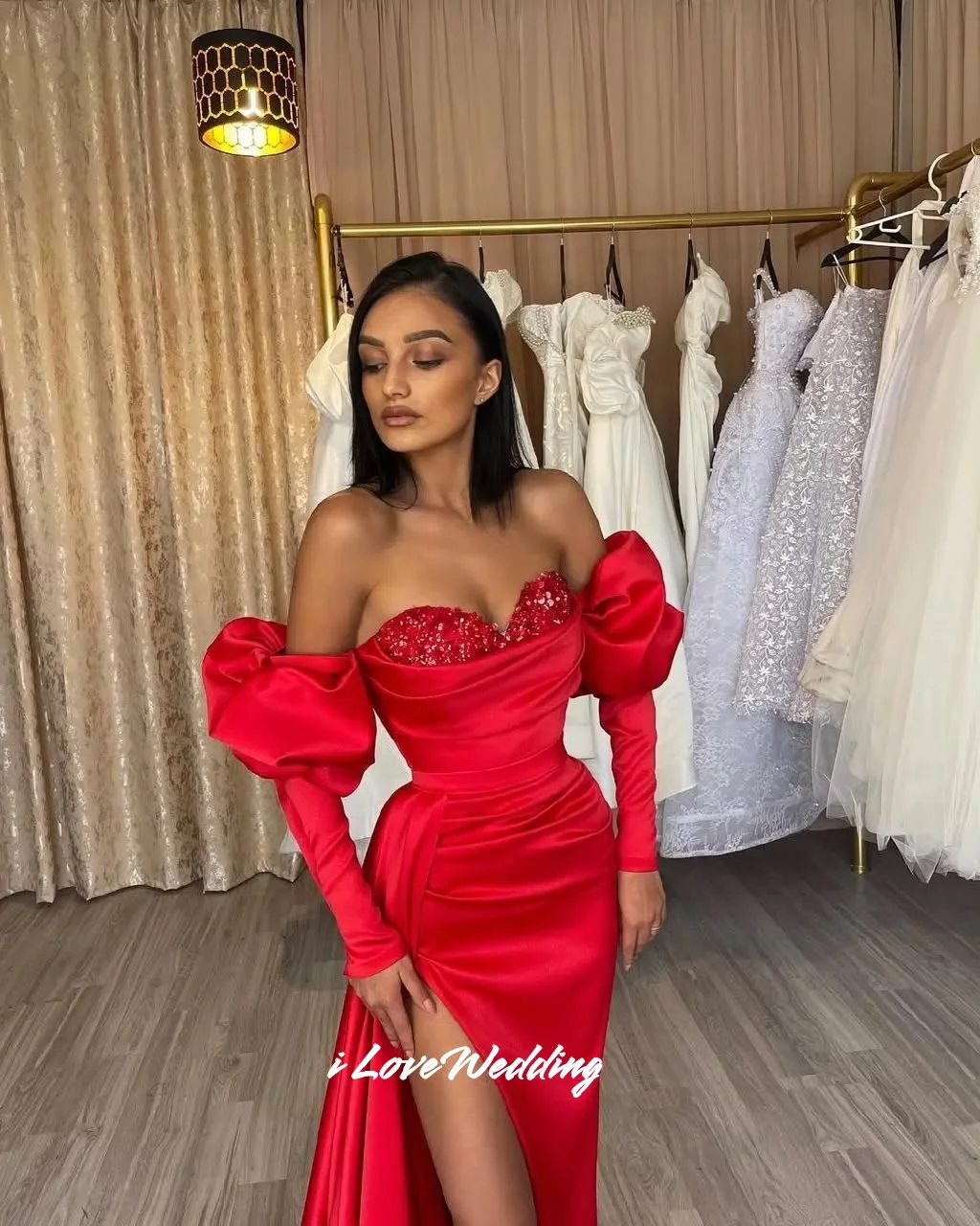 Red Strapless Evening Dresses 2025 Off Shoulder Beaded Mermaid Prom Dress Floor-Length Pleated Wedding Party Dresses Customized