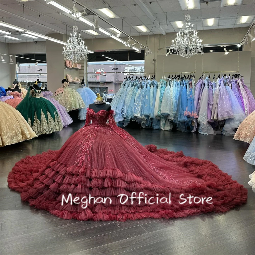 

Red Sweetheart Sequin Quinceanera Dresses Bead Applique Birthday Luxury Dress Feather Tiered Ruffles Gown With Sleeve Customized