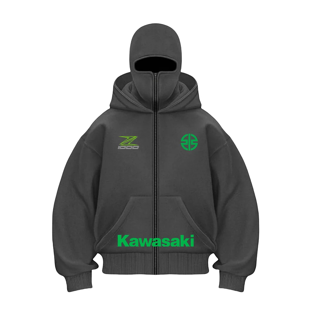 

Kawasaki Z1000 Racing Team Double Hat Hoodie Unique Design Masked Hoodie Autumn/Winter New Men's and Women's Loose Y2K Hoodie