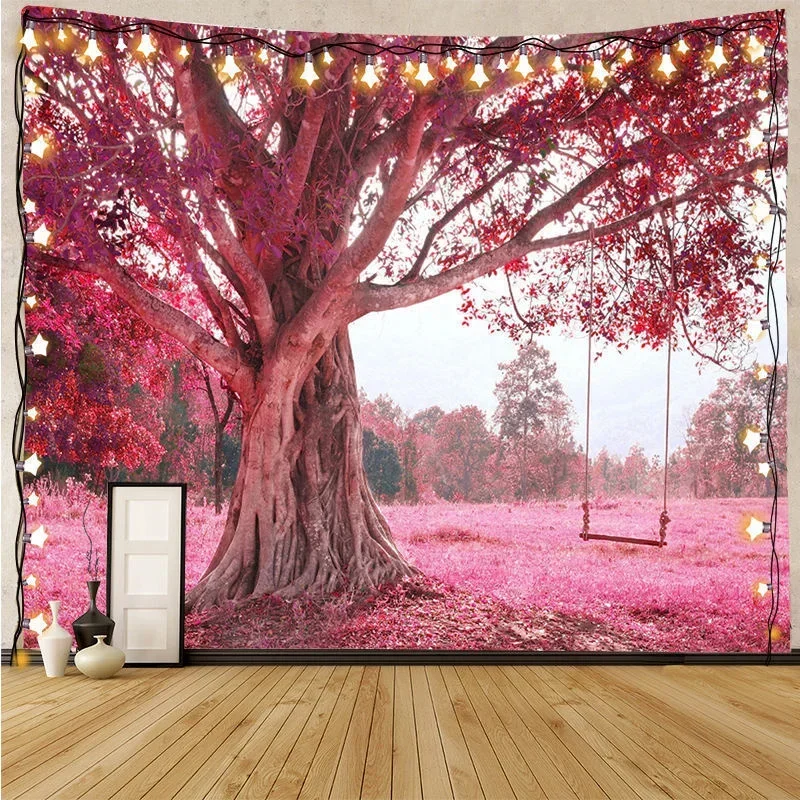 Forest Tapestry Decoration Pink Leaves Swing Scenery Tapestry Psychedelic Bohemia Tapestry Wall Hanging for Living Room Bedroom