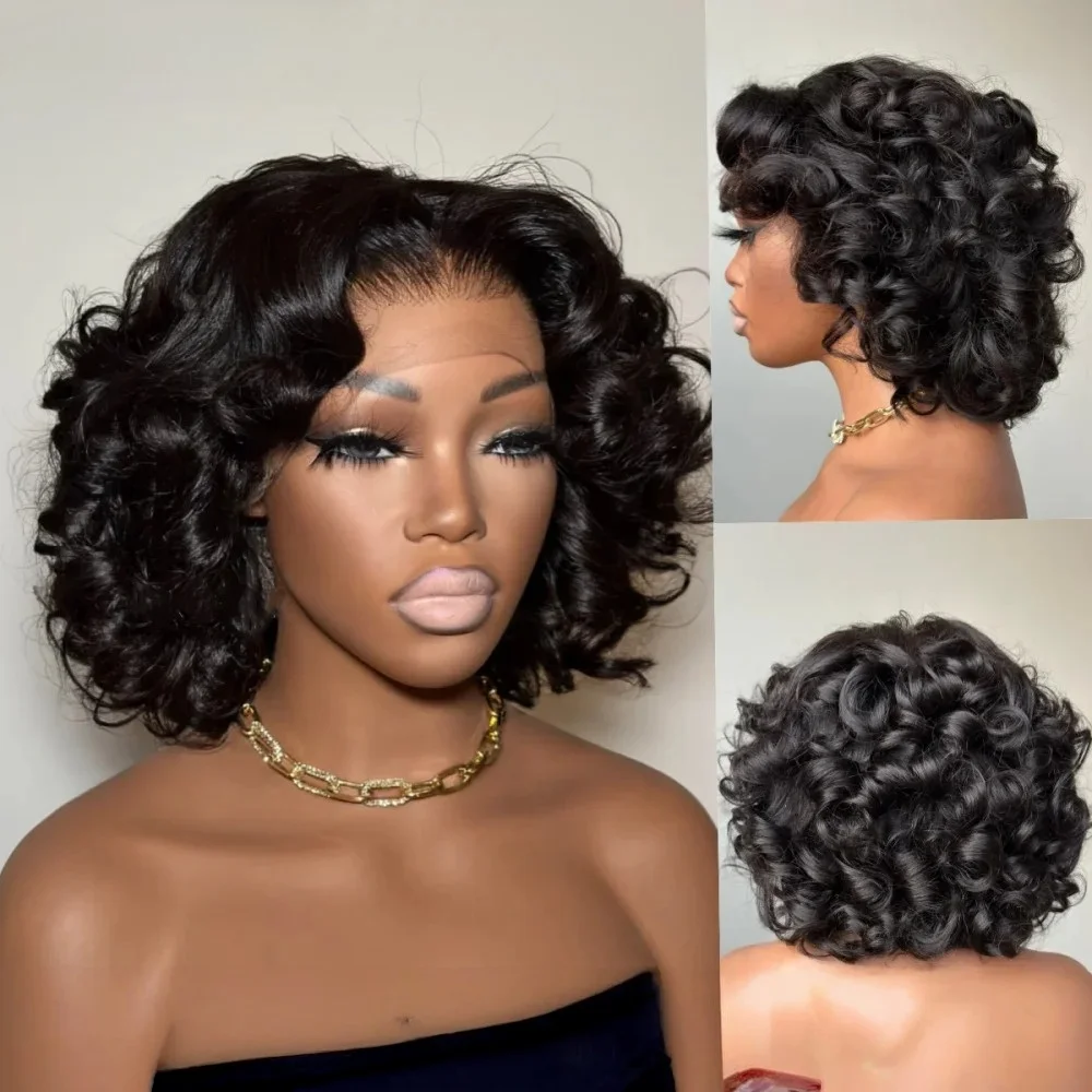 

Short Bob Body Wavy Lace Front Wig Black Glueless 13x4 HD Pre Plucked Curly Wave Synthetic And Blend Daily Cosplay On Clearance