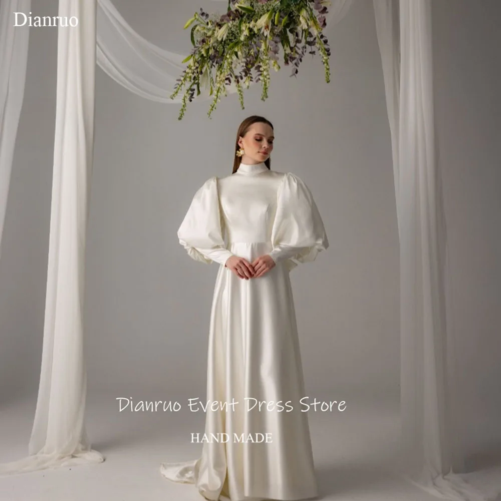 فستان زفاف Dianruo برقبة عالية على شكل حرف A وأكمام بالونية أنيق من فيستدوس بارا موخير ماكسي طول 2025 فستان سهرة مخصص