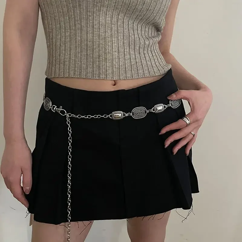 Womens Fashion Belt Hip High Waist Gold Silver Narrow Metal Chain Gothic Silver Pendant Vintage High Waist y2k Chain belt