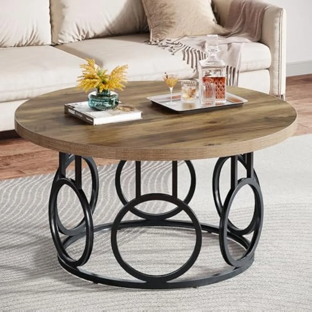 31.5-Inch Round Coffee Table, Industrial Circle Living Room Table, Modern Wooden Accent Center Table for Home Office