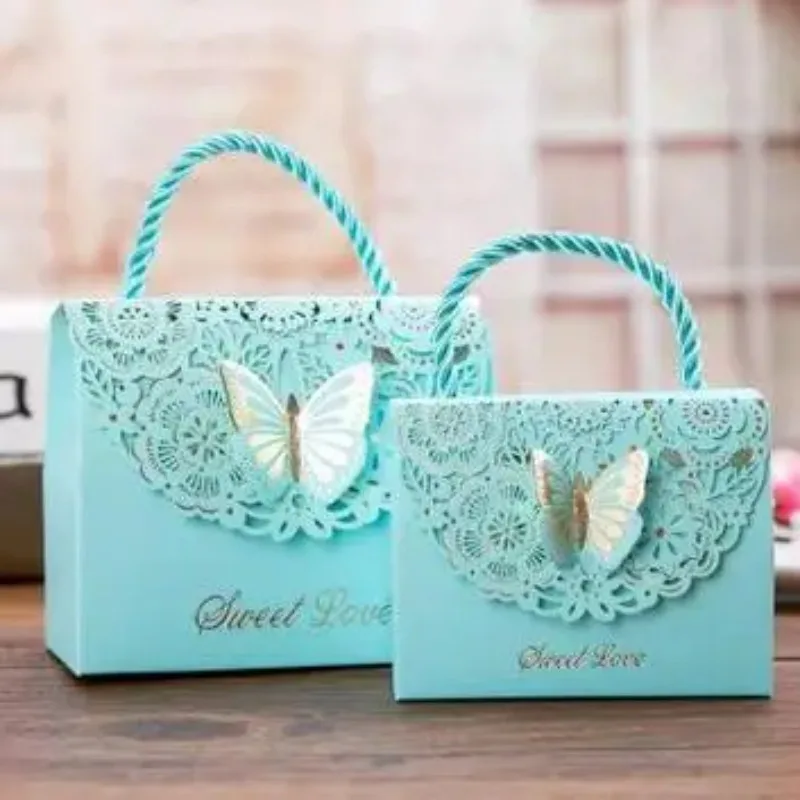 30pcs Blue purple Butterfly Flower Candy paper gift bag with handle Wedding favor Portable Gift paper Box wedding Party Favors