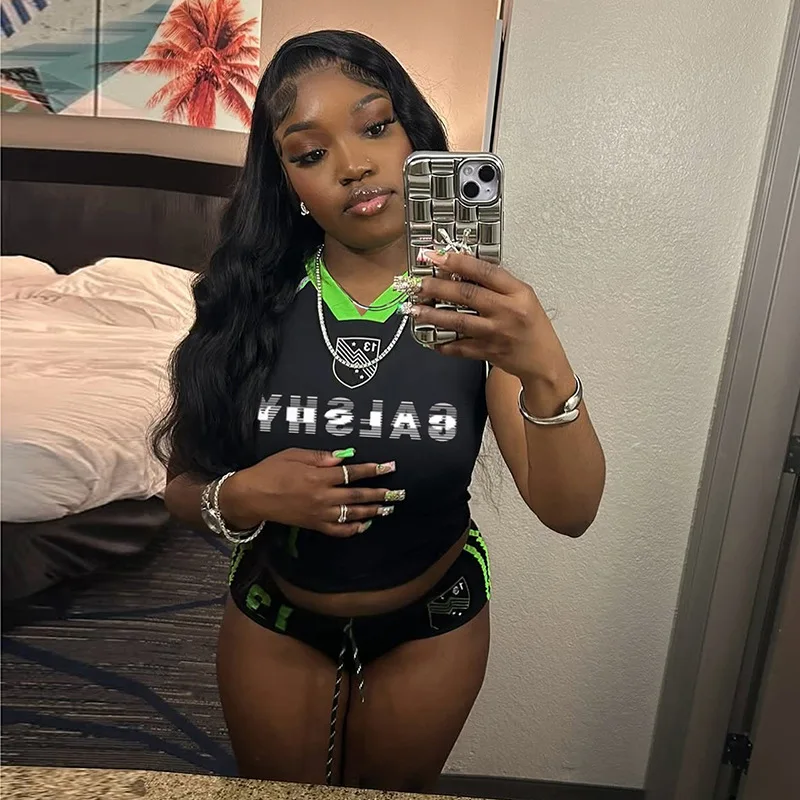 Letter Print 2 Piece Set Women Tracksuit 2025 Summer V-Neck Basic Crop Top Casual Shorts Activity Streetwear Matching Suit