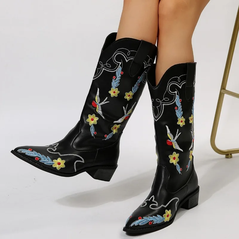 Women\'s Retro Embroidered Western Boots 2023 Autumn Pu Leather Thick Heels Cowboy Boots Woman Slip On Pointed Toe Mid Calf Botas