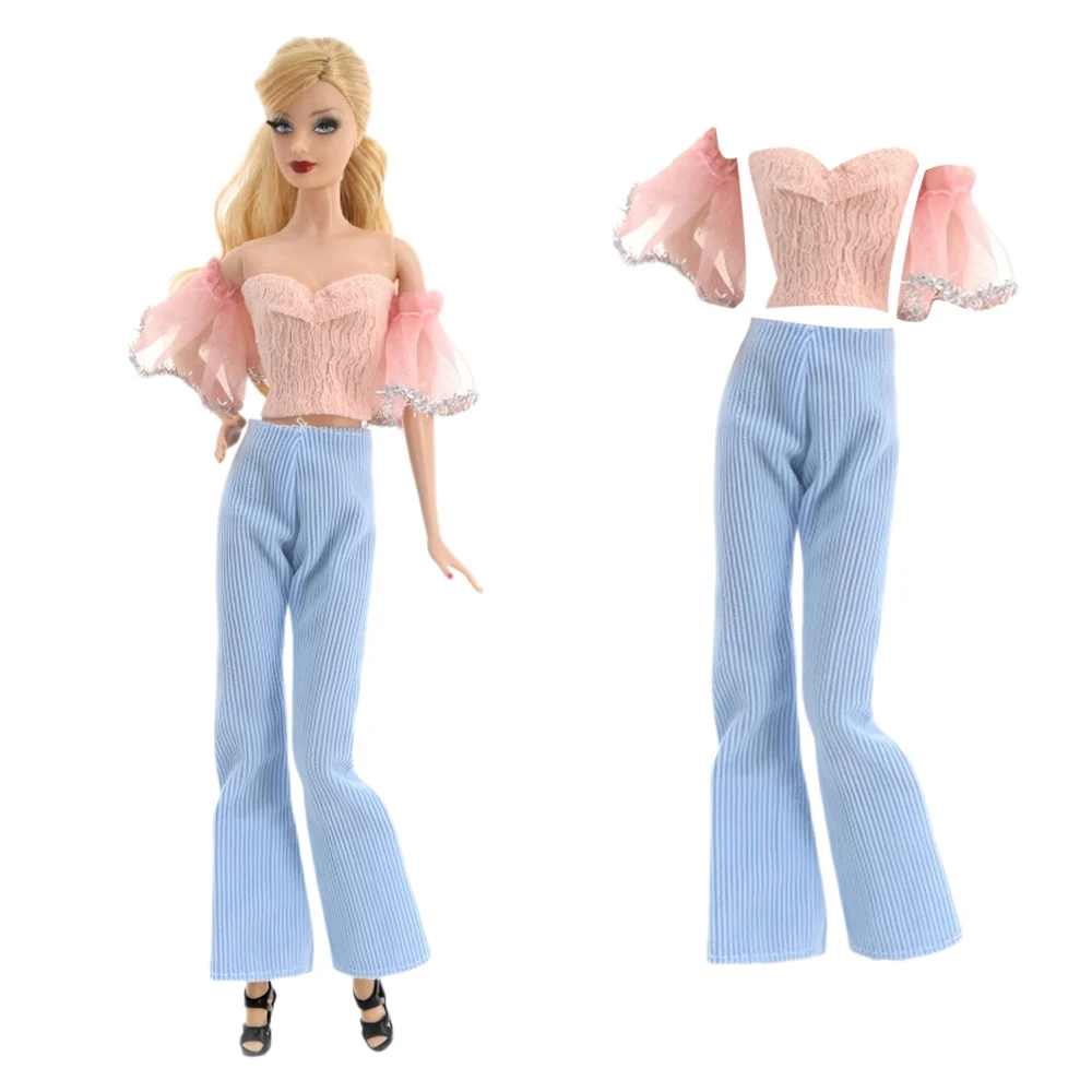 NK 30CM Princess Noble Pink Lace Sleeve Top Blue Pants Fashion Doll Clothes For 1/6 BJD Doll Accessories Children Toy Girl Gift