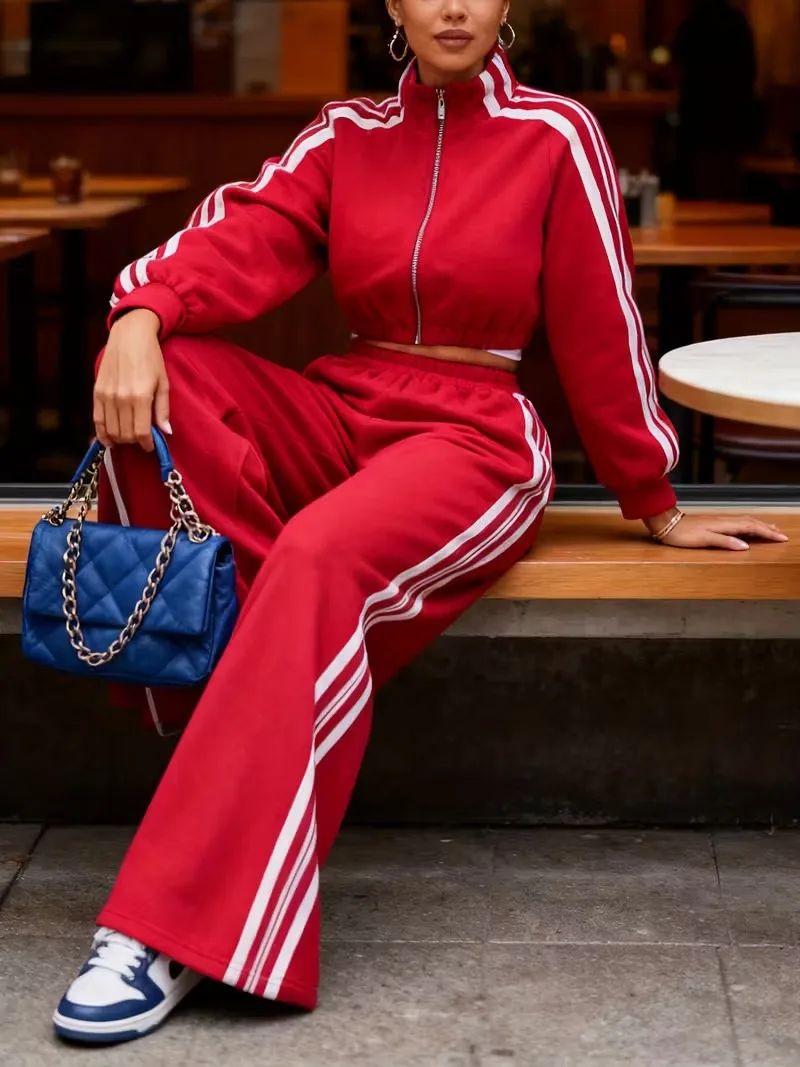 

Женский костюм-свитер, полосатая куртка из двух частей, свободная осень и зима, повседневная одежда, элегантный стиль, высокий вырез, машинная стирка