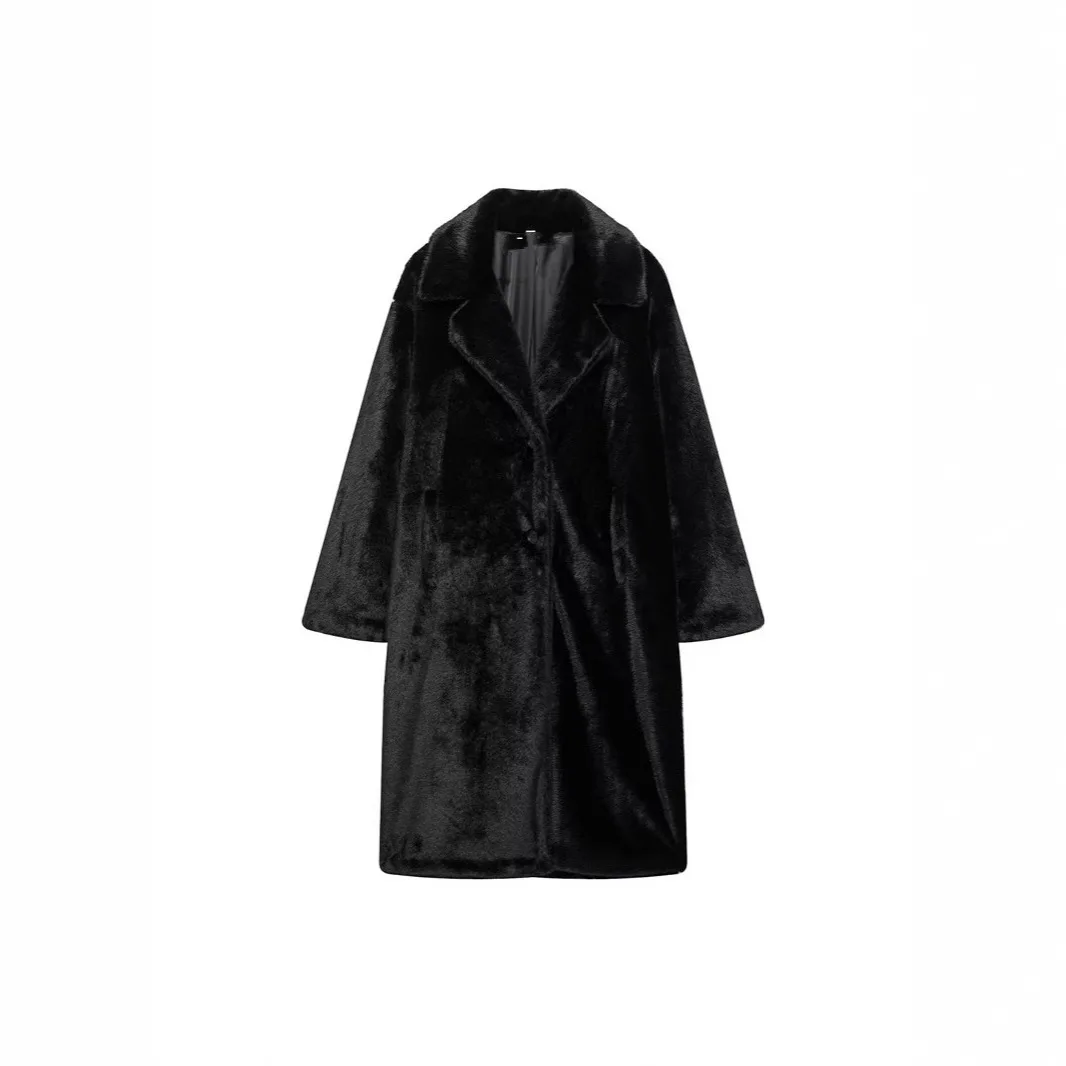 KIDCRKJ Zimowy damski płaszcz z futra norek, kołnierz z klapami, kieszenie na guziki, kurtka ze sztucznego futra dla kobiet, luksusowy długi ciepły damski płaszcz futrzany