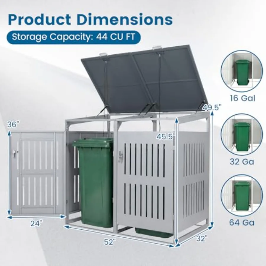 Outdoor trash can storage for patio/backyard/garden use, polyethylene material, gray color, 44 cu.ft capacity with lockable doo