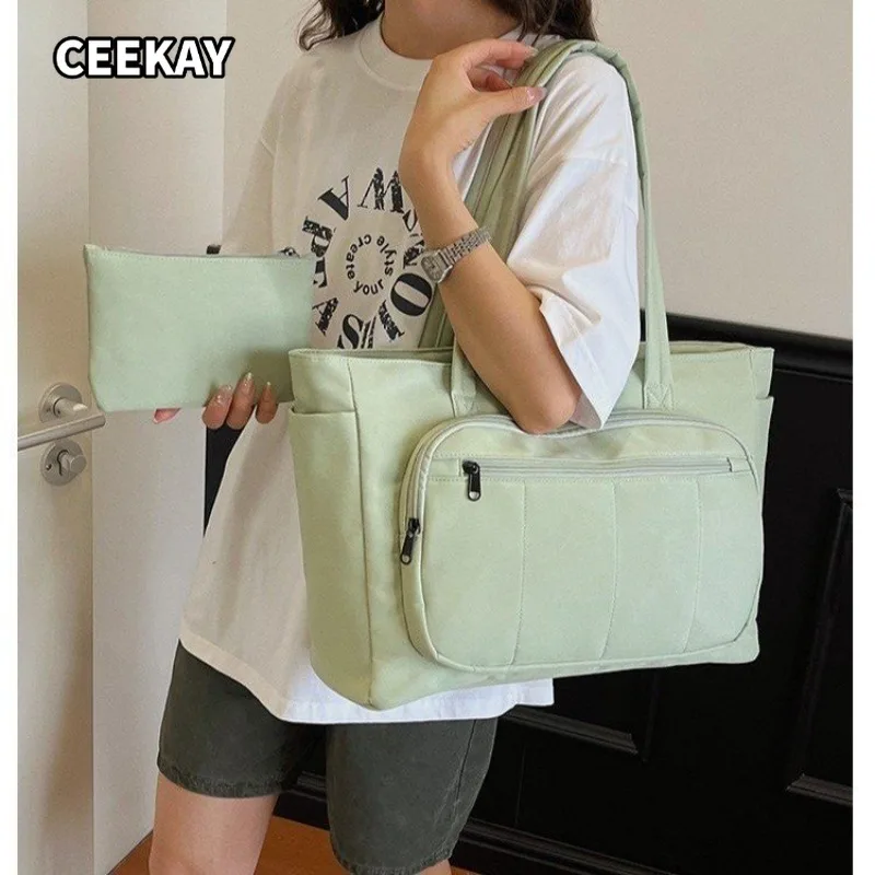CEEKAY Nylon Tote Bag Front Zipper Pocket Top Handle Small Pouch Versatile Everyday Commute Casual Large Capacity Purse Women