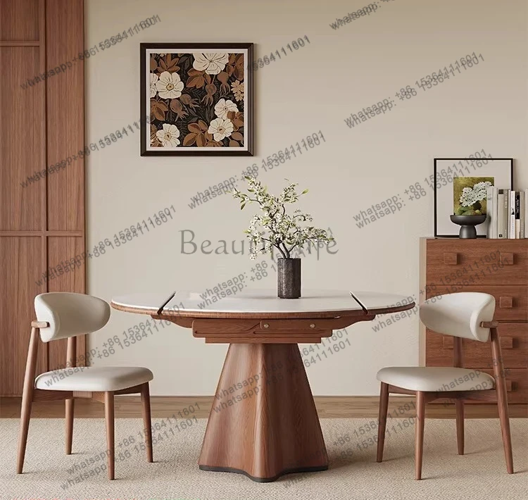 Medieval solid wood rock slab dining table retractable French retro travertine variable round table
