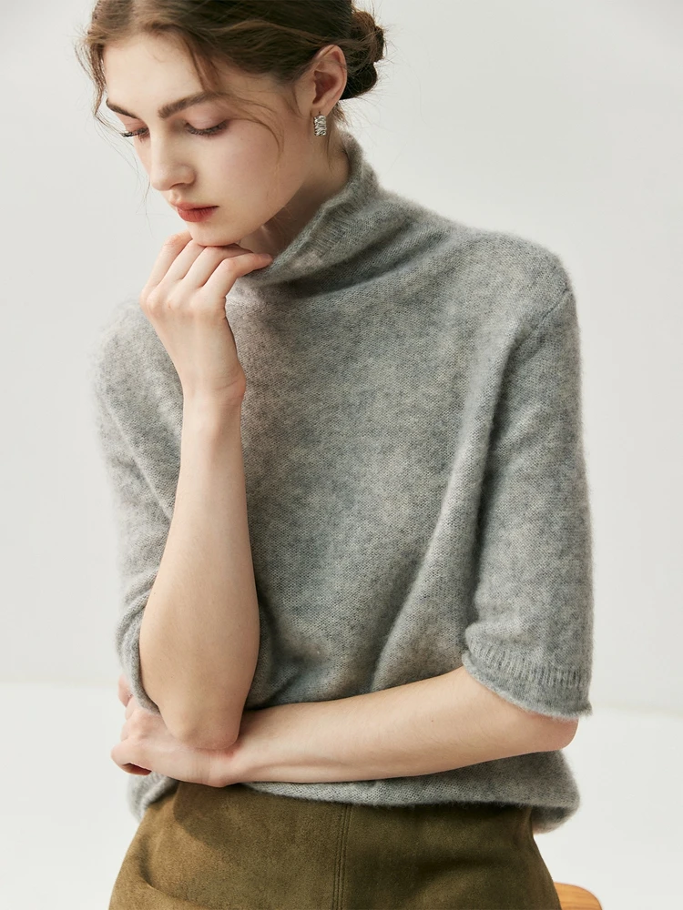 CHICUU Women 100% Cashmere Sweater Turtelneck Half Sleeve Pullover Office Lady Grace Cashmere Knitwear Autumn Winter Comfy Tops
